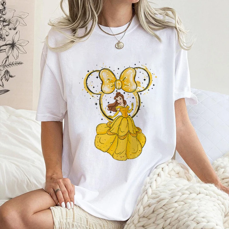 

Disney Princess Belle Mickey Head Printed Women's T-Shirt Pure Cotton Short Sleeve Loose Top Casual Women's Clothing