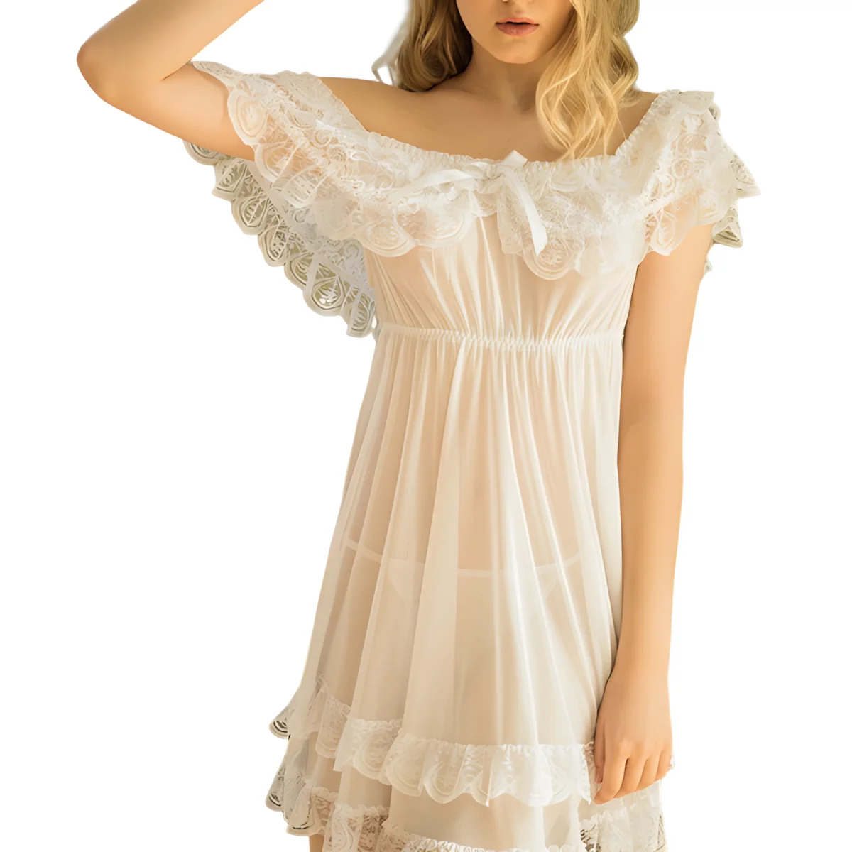 

Plus Size Women's Nightgown See Through Lace Night Dress Sexy Lingerie Slash-Neck Sleepwear Erotic Babydoll Ruffles Nightwear