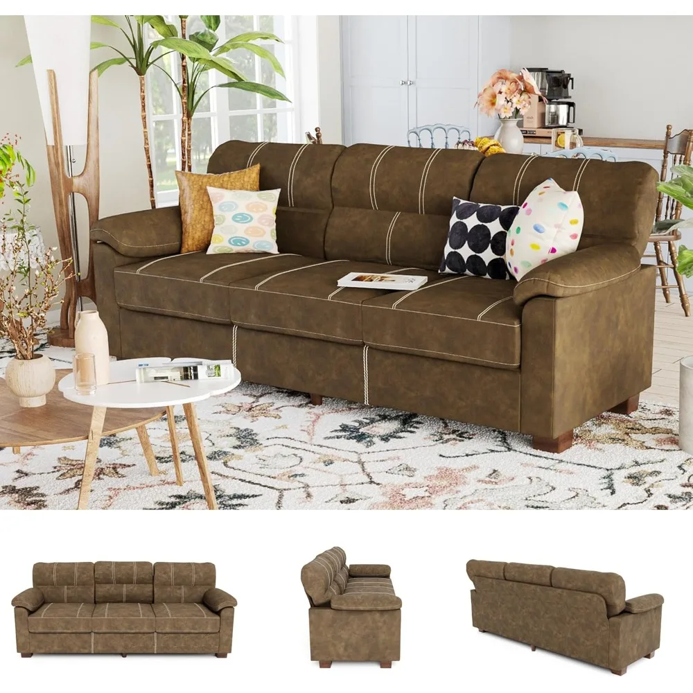 أريكة من الجلد الصناعي البني بثلاثة مقاعد مع مساند للذراعين واسعة ووسائد ومقعد عميق وخياطة متباينة