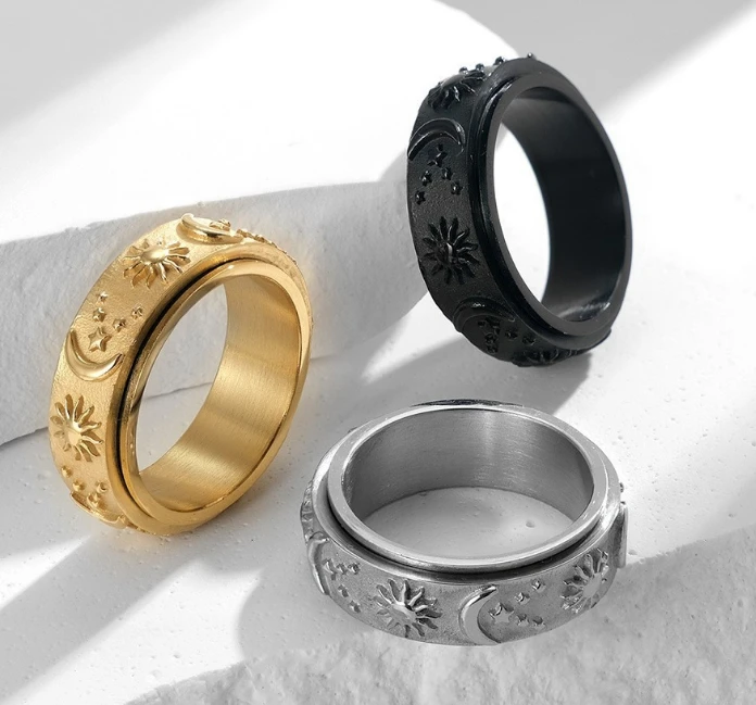 

Stylish Stars Moon Sun Ring for Men Boys,Waterproof Stainless Steel Rotating Ring,Decompression Hip Hop Jewelry Gifts