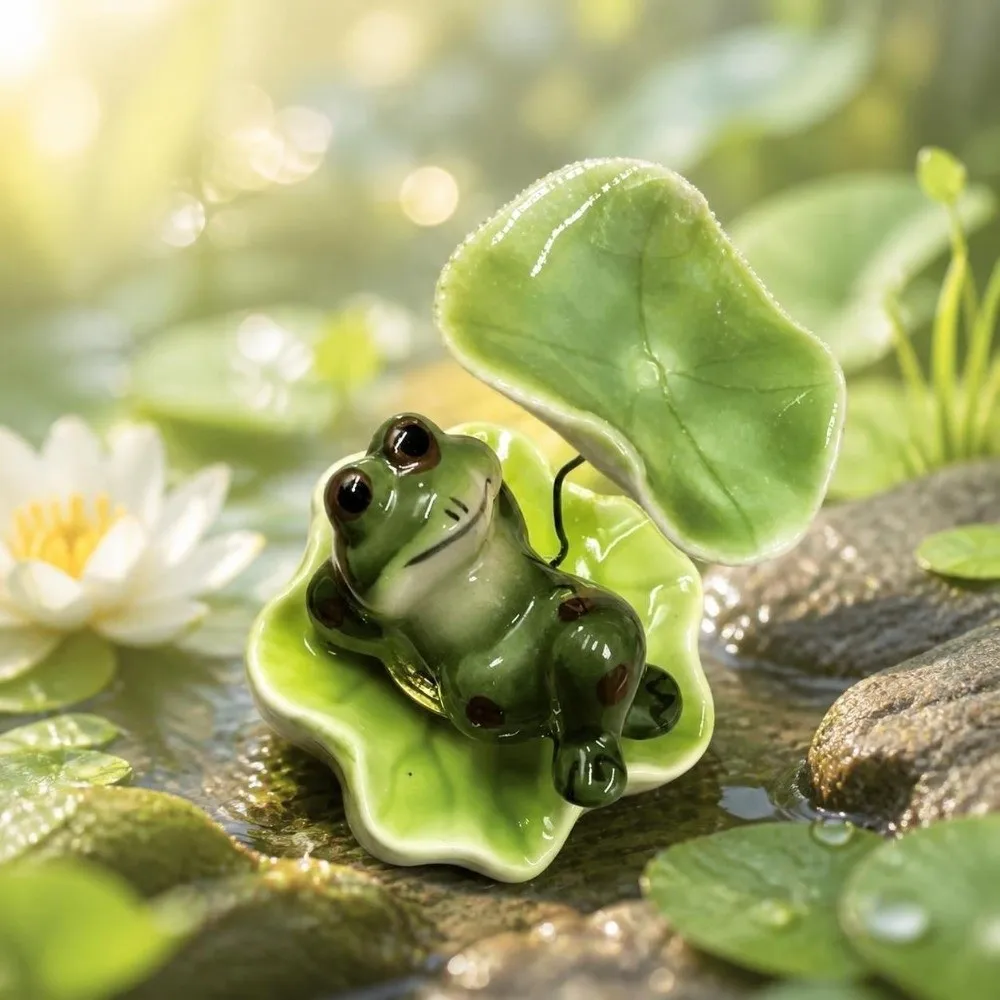 Creative Ceramic Laying Frog Statue Home Ornaments Lotus Leaf Frog Rotating Attract Wealth Funny Frog Car Decor Office