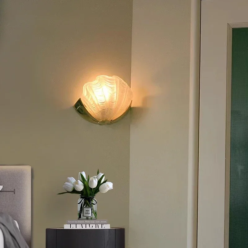 

Light Luxury Wall Light Brass Shell Creative Glass Home Decor French Retro Foyer Living Room Bedroom Corridor Mirror Wall Lamp