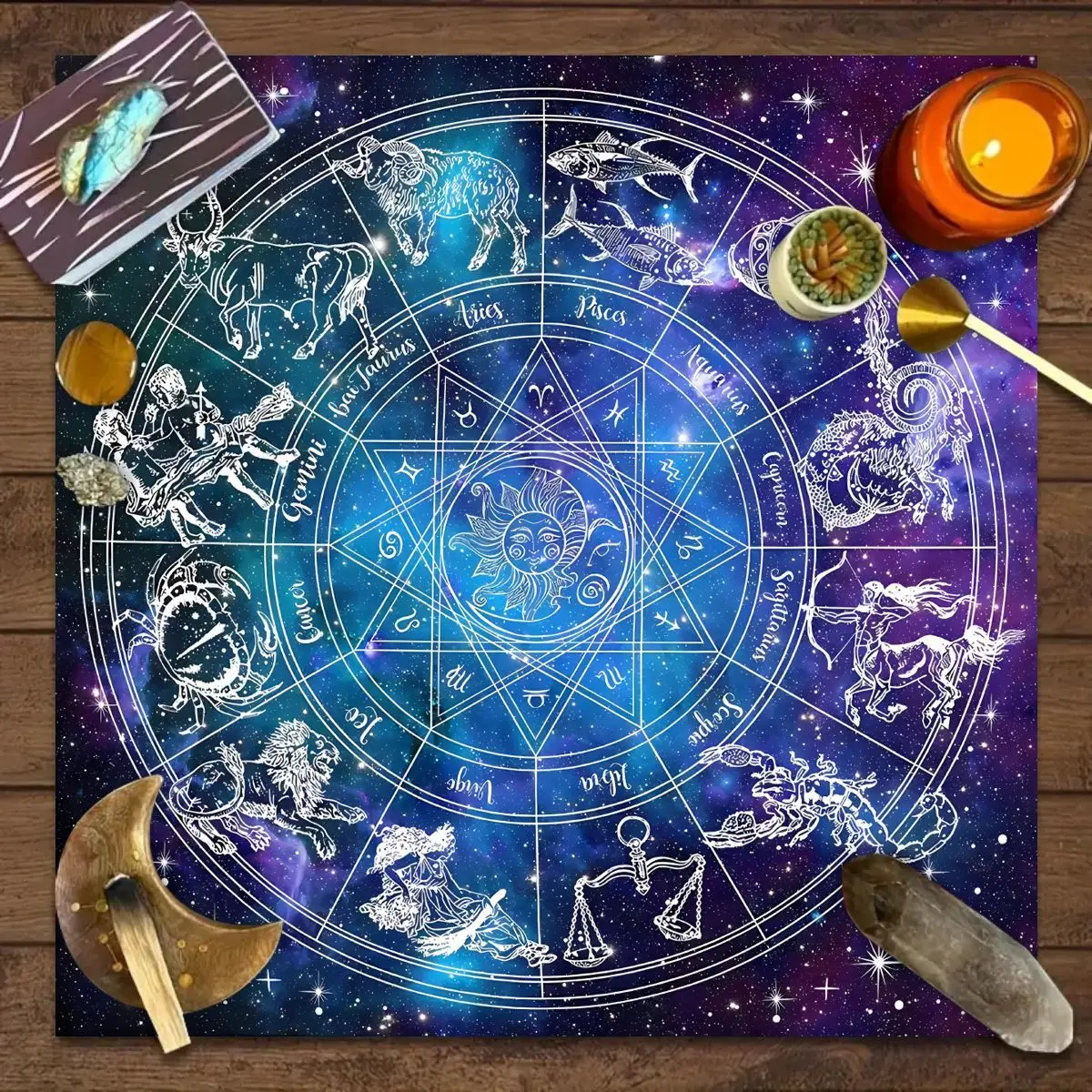 Bohemian playing card game decorative tablecloth with mysterious starry sky print, desk decoration, washable tablecloth, 50x50cm