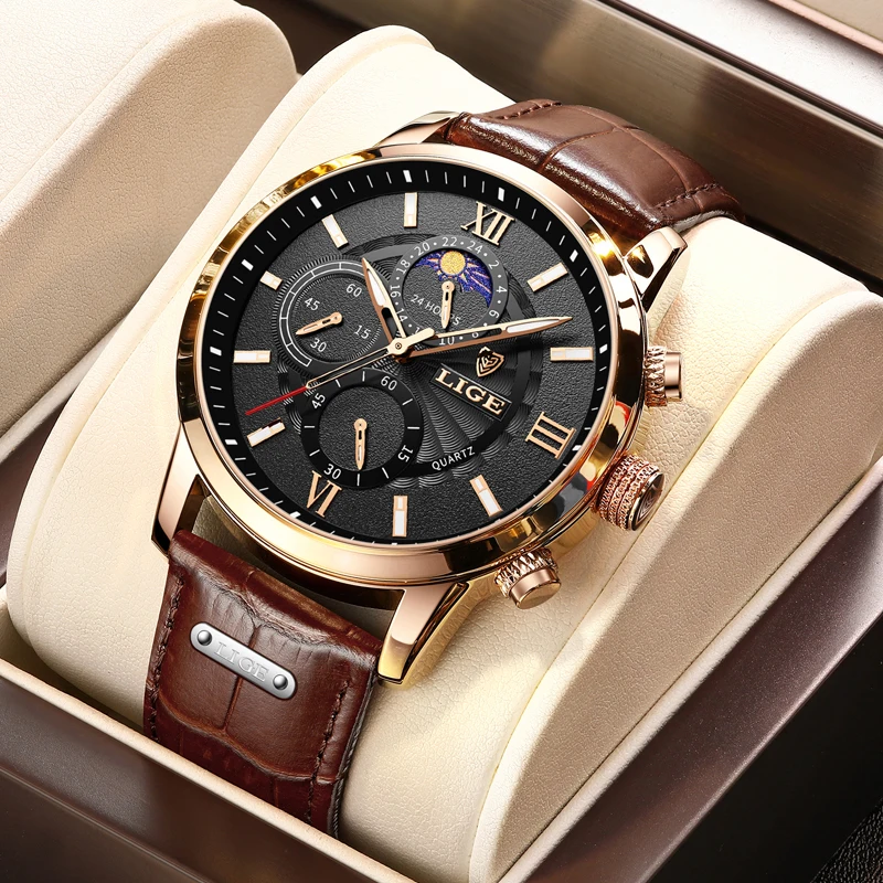 

Mens Watches LIGE Top Brand Luxury Leather Casual Quartz Watch Man Sport Waterproof Clock Moon Phase Watch Relogio Masculino+Box