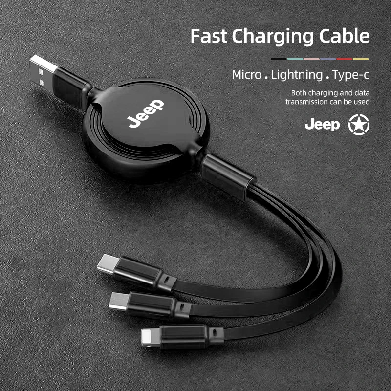 Cabo de Carregamento 3 em 1 para Interior de Carro USB Micro Tipo-C para Jeep Grand Cherokee Wrangler Compass Renegade Avenger Tampa de Válvula
