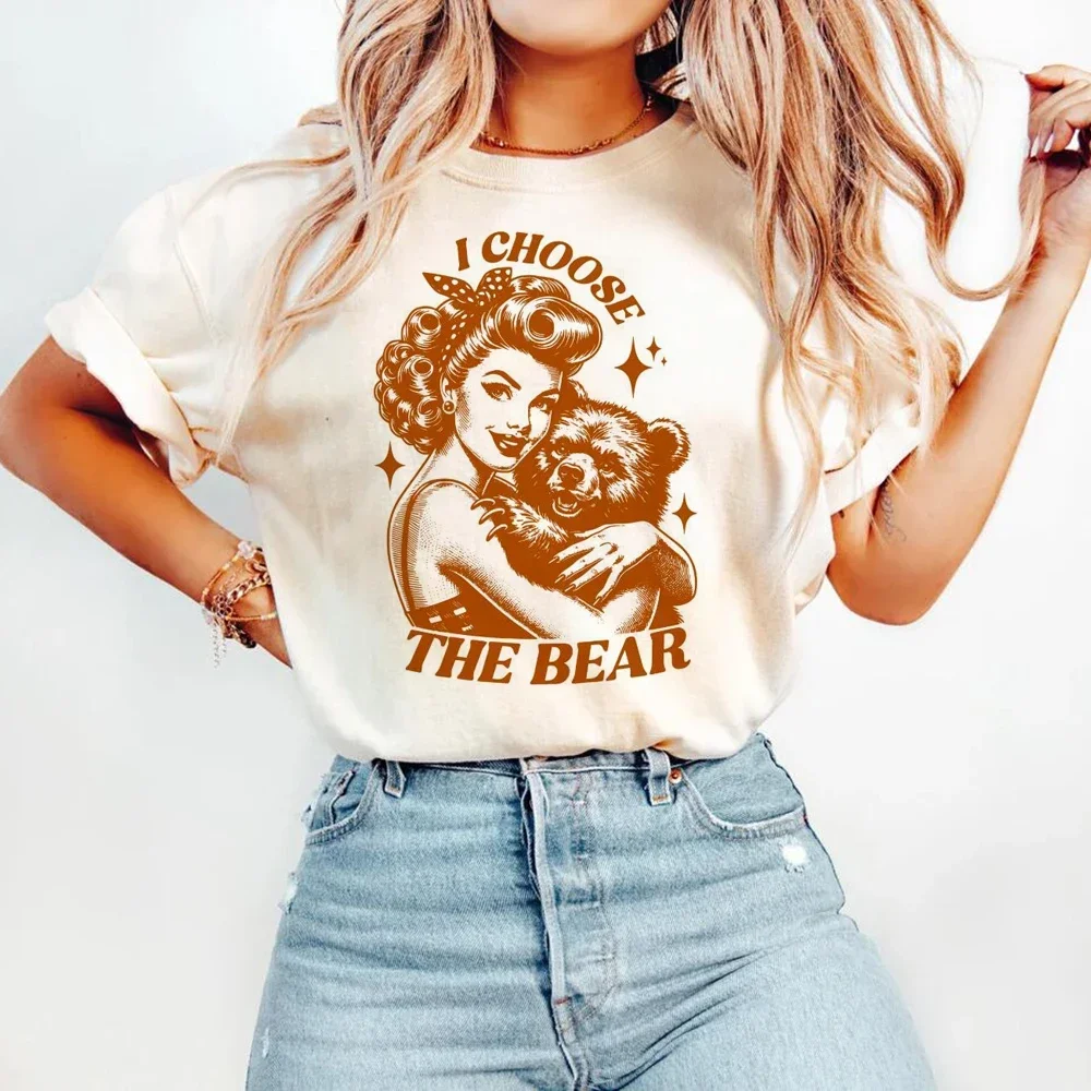 Vintage Womens I Choose The Bear Women T-Shirt Personality Trend Casual Tee Clothing Street Creative Tops Female Short Sleeve