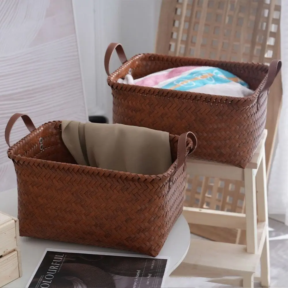 

Portable Square Laundry Basket Brown with Handles Hand Woven Storage Basket Removable Imitatio Weaving Laundry Hamper Home