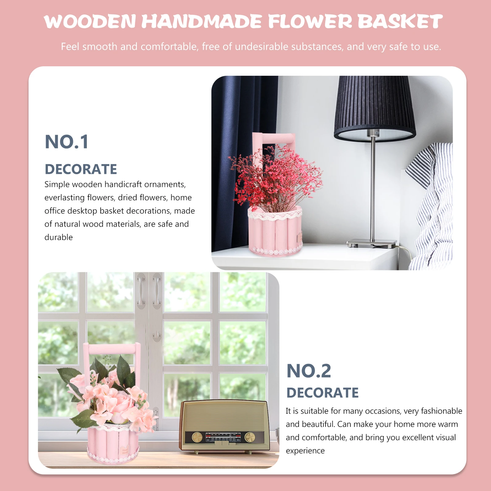 

Wooden Flower Basket Desktop Decor Bright Color Design Stable Base Indoor Plant Pot Storage Home Decorative Container