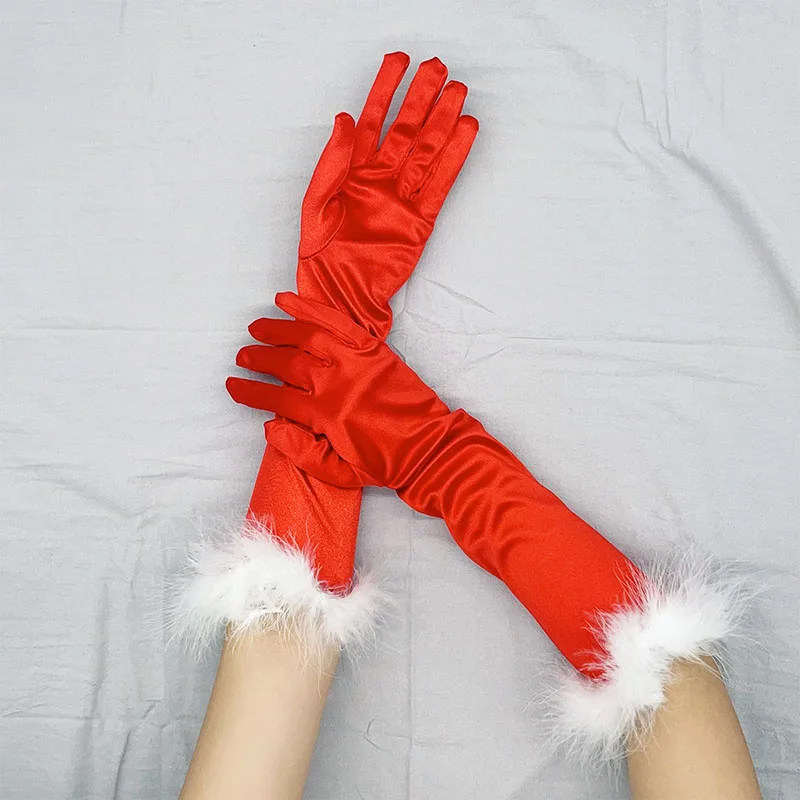 

38CM Long Red Plush Satin Elasticity Christmas Etiquette Gloves Cosplay Clothing Accessories Photography Props Women Winter Warm