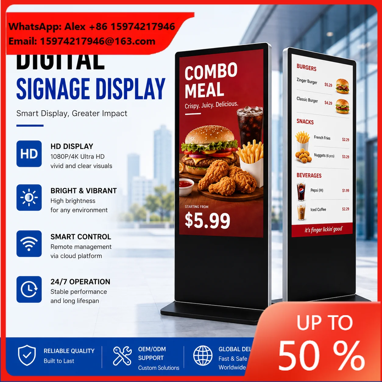 Indoor Retail Store Advertising 2K 4K LCD Digital Signage And Displays With Animation Floor Standing Kiosk For Restaurant Mall