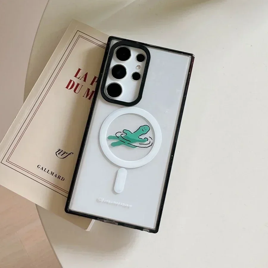 

Cute Dinosaur Magnetic Acrylic Black Border Case for Samsung Galaxy S 23 S24 S25 Ultra Plus S25+ S25U Protective Cover