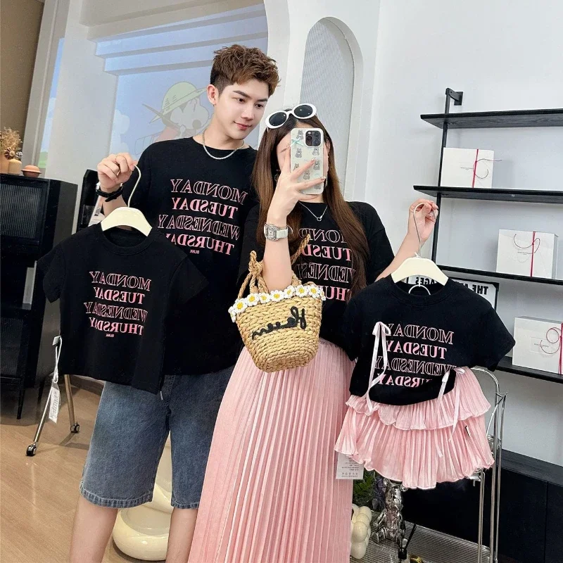 The Whole Family Korean Mom Daughter Bow T Shirts Pink Skirts Outfits Parents and Children Clothes for Dad Son Tees Jeans Sets