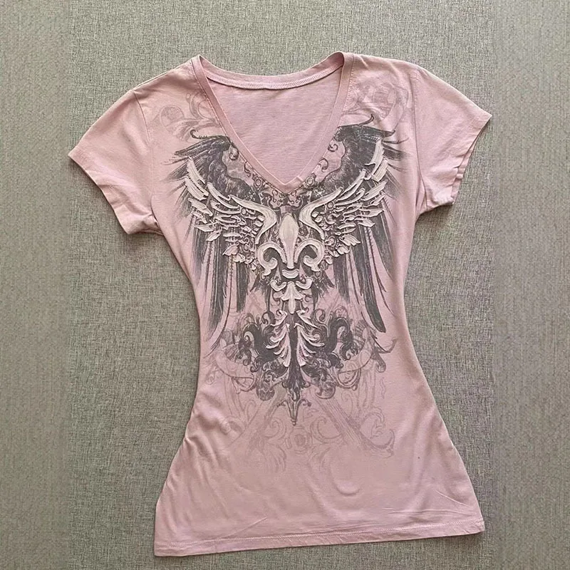 Vintage Printing Pink V Neck Short Sleeve T-Shirt For Women Summer Slim Fit Waist Cinching Top