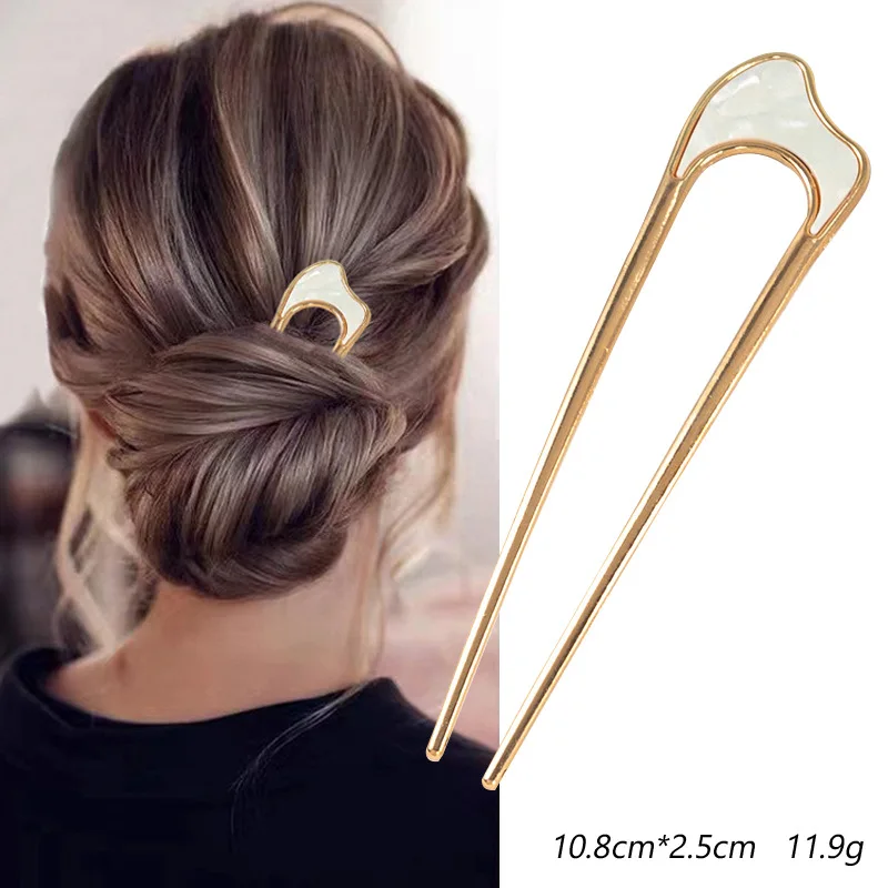 Fashion Luxury Silver Gold Color Elegant Shell Enamel Hairpin for Women Metal U Shape Hair Stick Hairwear Accessories Jewelry