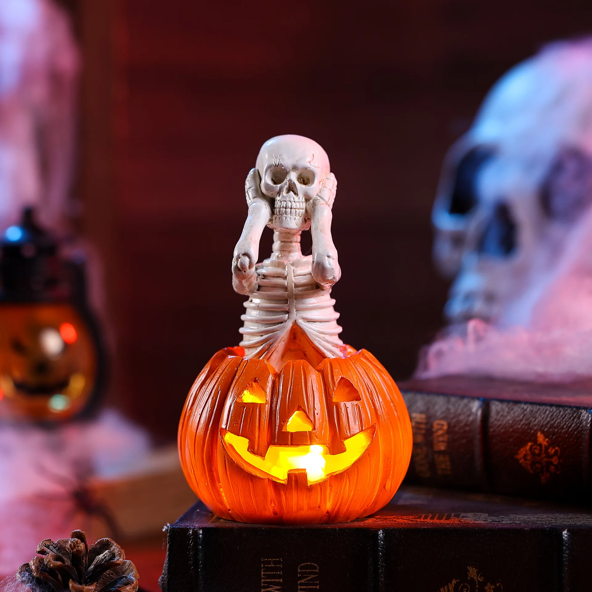 3pcs Halloween Skeleton Pumpkin Lantern Bar Atmosphere Decor Ghost Festival Terrifying Glow Skeleton Resin Ornament