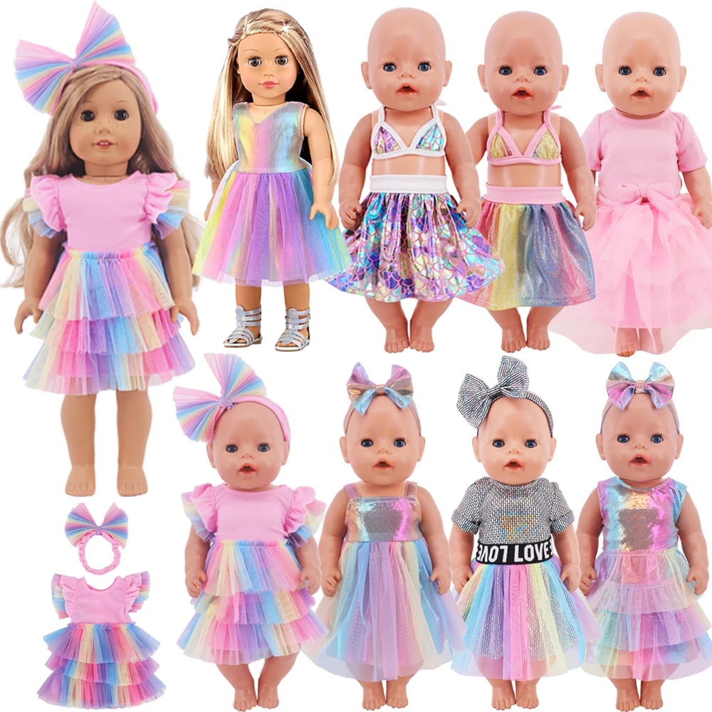 Doll Colorful Dress+Headband,Skirt Bodysuit Fit 18Inch Girl American43CmReborn Baby Doll Clothing Accessories,Children's ToyGift