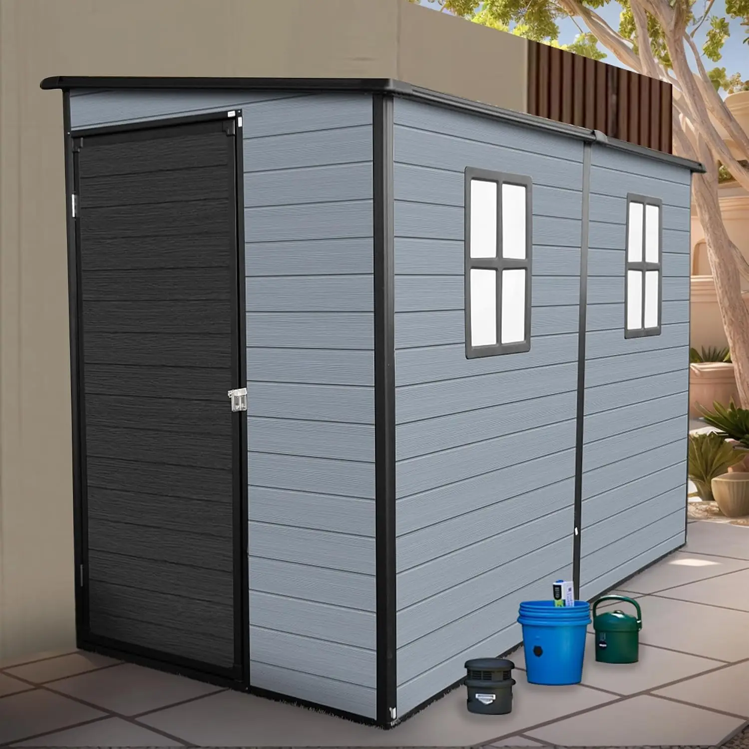 4x8ft Resin Storage Shed with Floor & 2 Windows, Plastic Outdoor Shed for Patio Furniture Garden Tools Bike, Black Grey, Customi