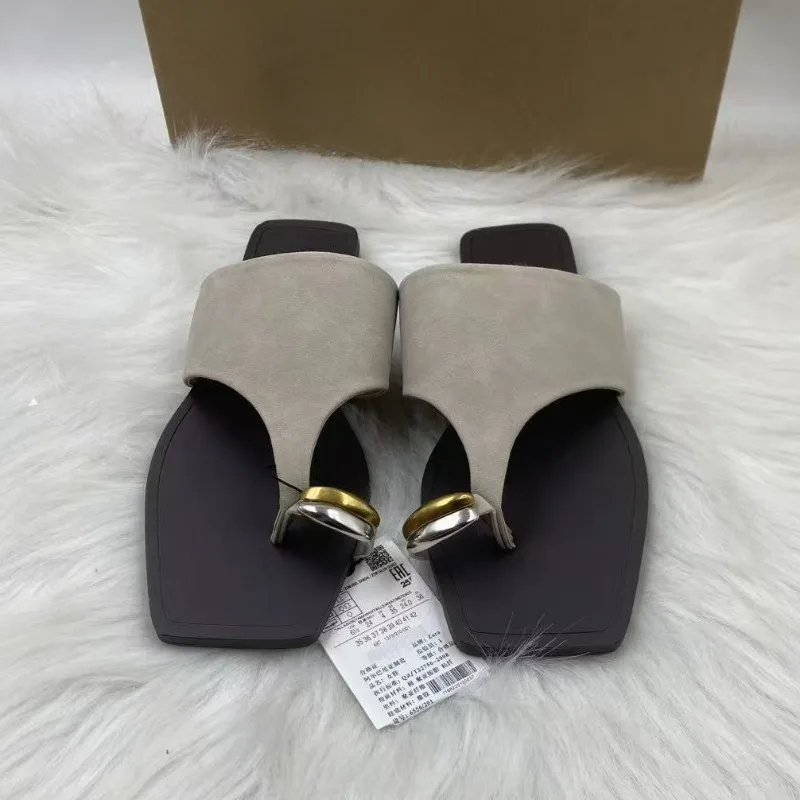 

New Summer Low Heel Style Women Slippers Flat Sandals Vintage Suede Square Toe Metal Casual Vacation Daily Beach Shoes 2026