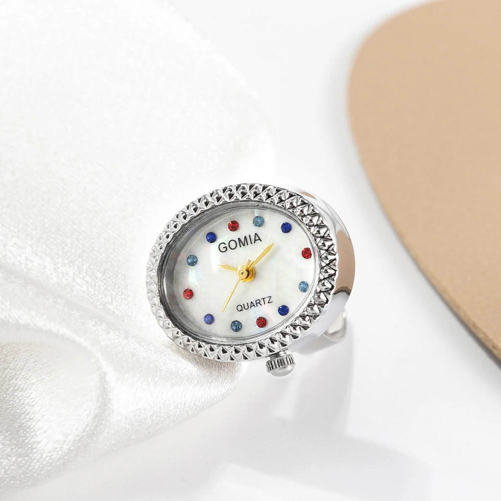 قبلة مجوهرات جديدة الإبداعية مقاوم للماء ساعات كوارتز صغيرة البنصر الملونة حجر الراين قابل للتعديل سبيكة البيضاوي الهاتفي على مدار الساعة الدائري #3