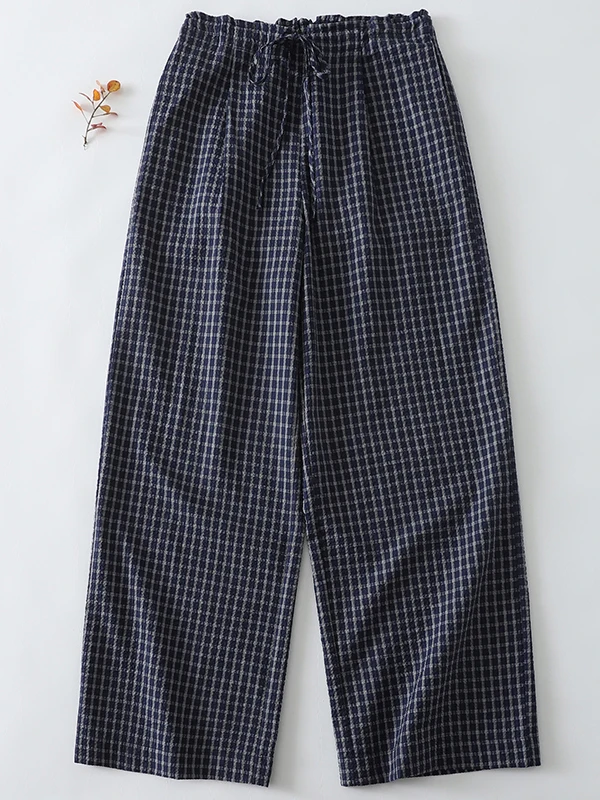 

Модные широкие брюки из хлопка в клетку с высокой талией и поясом, осенние женские повседневные брюки больших размеров, дышащие