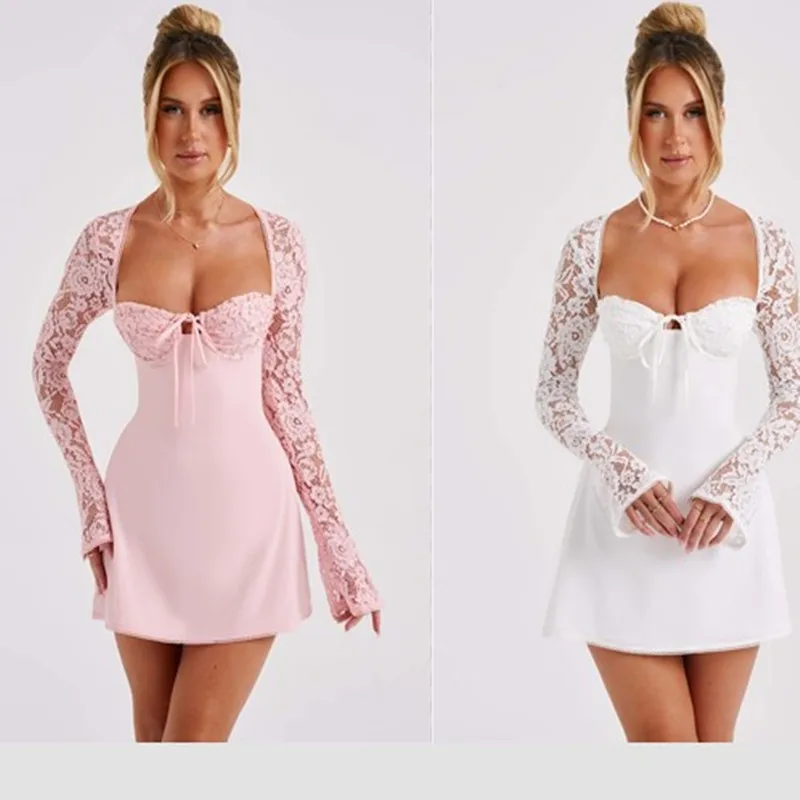 Elegantes Damen-Abendkleid mit langen Raglanärmeln, eckigem Ausschnitt, überkreuztem Rücken und mittelhoher Taille, einfarbig, Mini-Länge