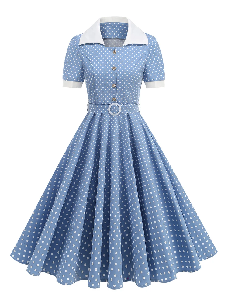Tonval Retro-Kleider für Damen, 2025, Umlegekragen, Knöpfe vorne, Gürtel, gepunktet, Baumwolle, Rockabilly-Flare-Midikleid – Detail 4