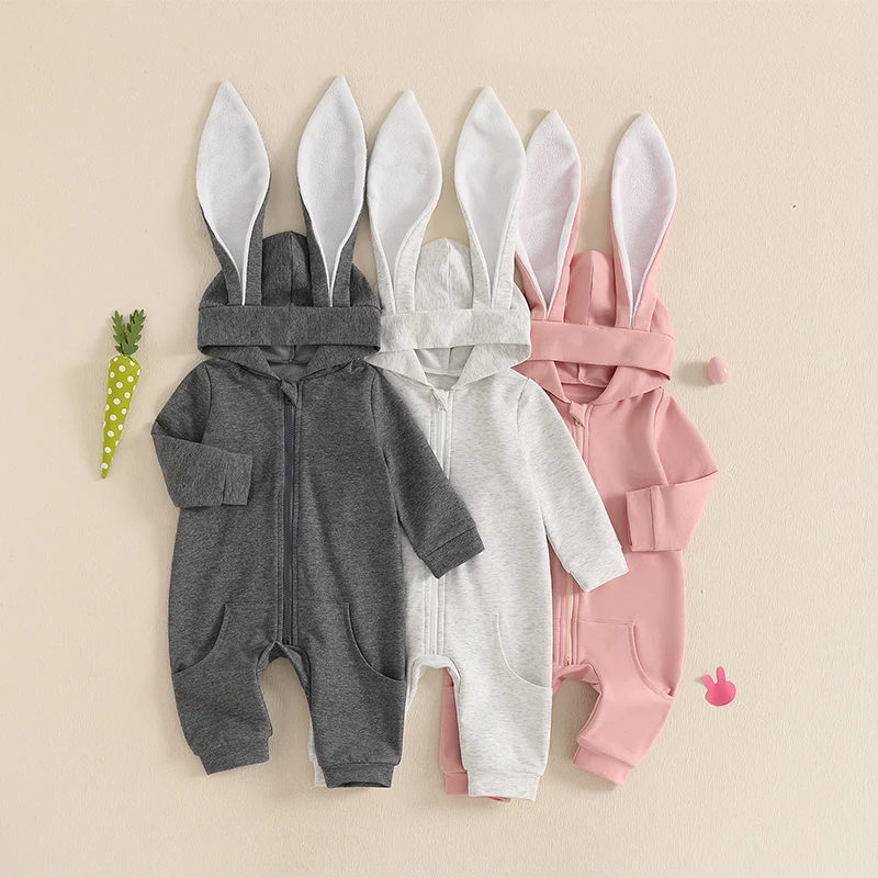 

Newborn Baby Boy Girl Easter Outfit Bunny Ear Hoodie Romper Long Sleeve Jumpsuit Infant Spring Clothes