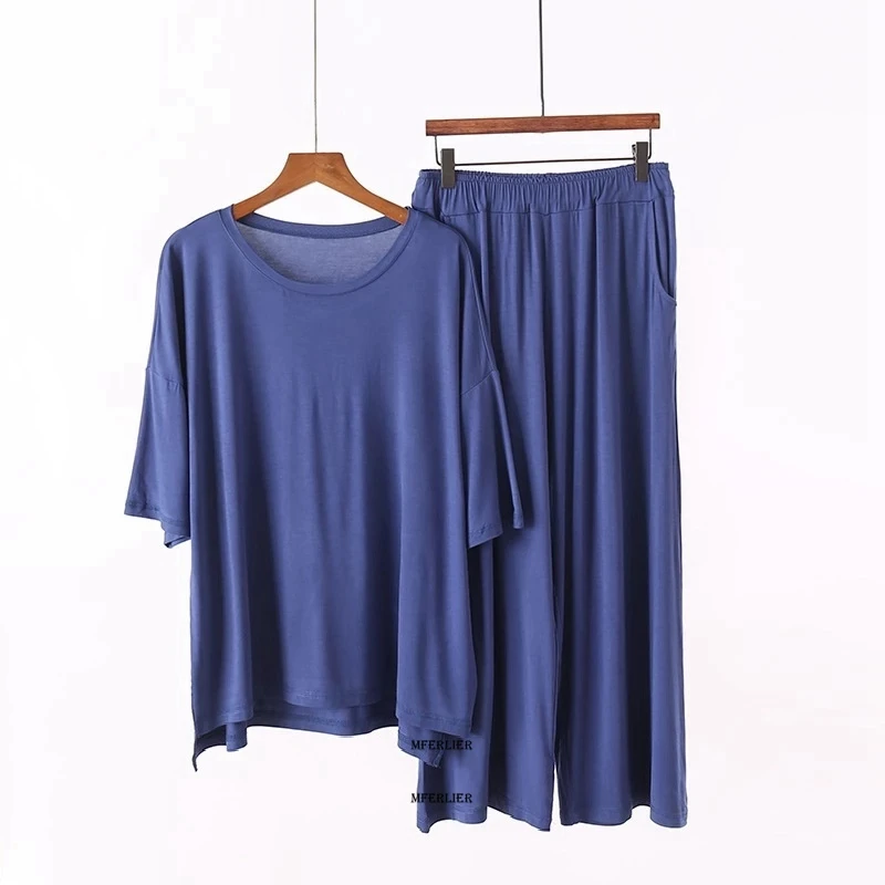 Size 7XL 150KG Women Modal Pajamas Sets Short Sleeve O Neck Tops and Pants Sleepwear Oversize Solid Color Homewear loose Clothes