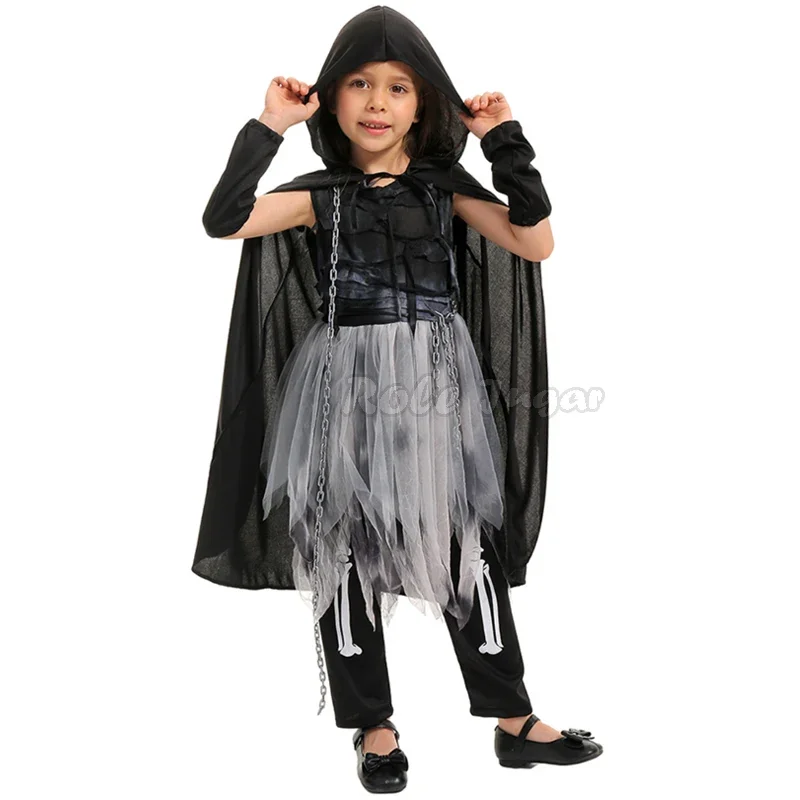 Kids Halloween Ghost Dementors Cosplay Costume Girls Gothic Horror Zombie Hooded Capes Day Of The Dead Party Props Dress Up