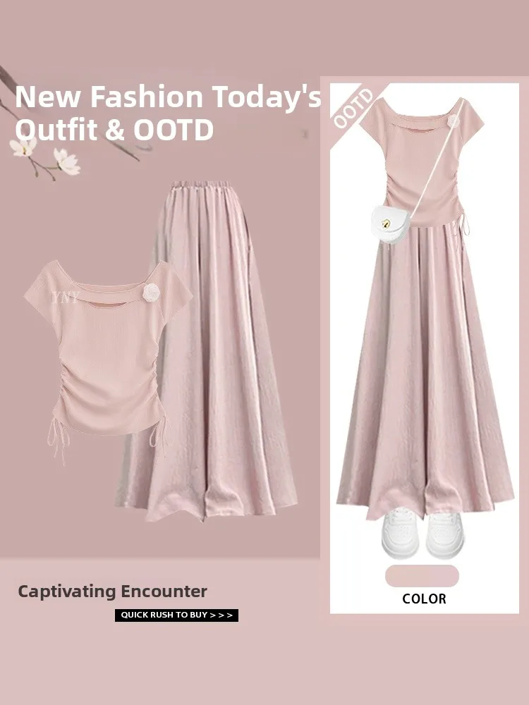 Korean Sle Slim Fit Women's T-irt Summer 2025 Faionable Design Casual Chic Waist-Cinching Top with f-length Skirt