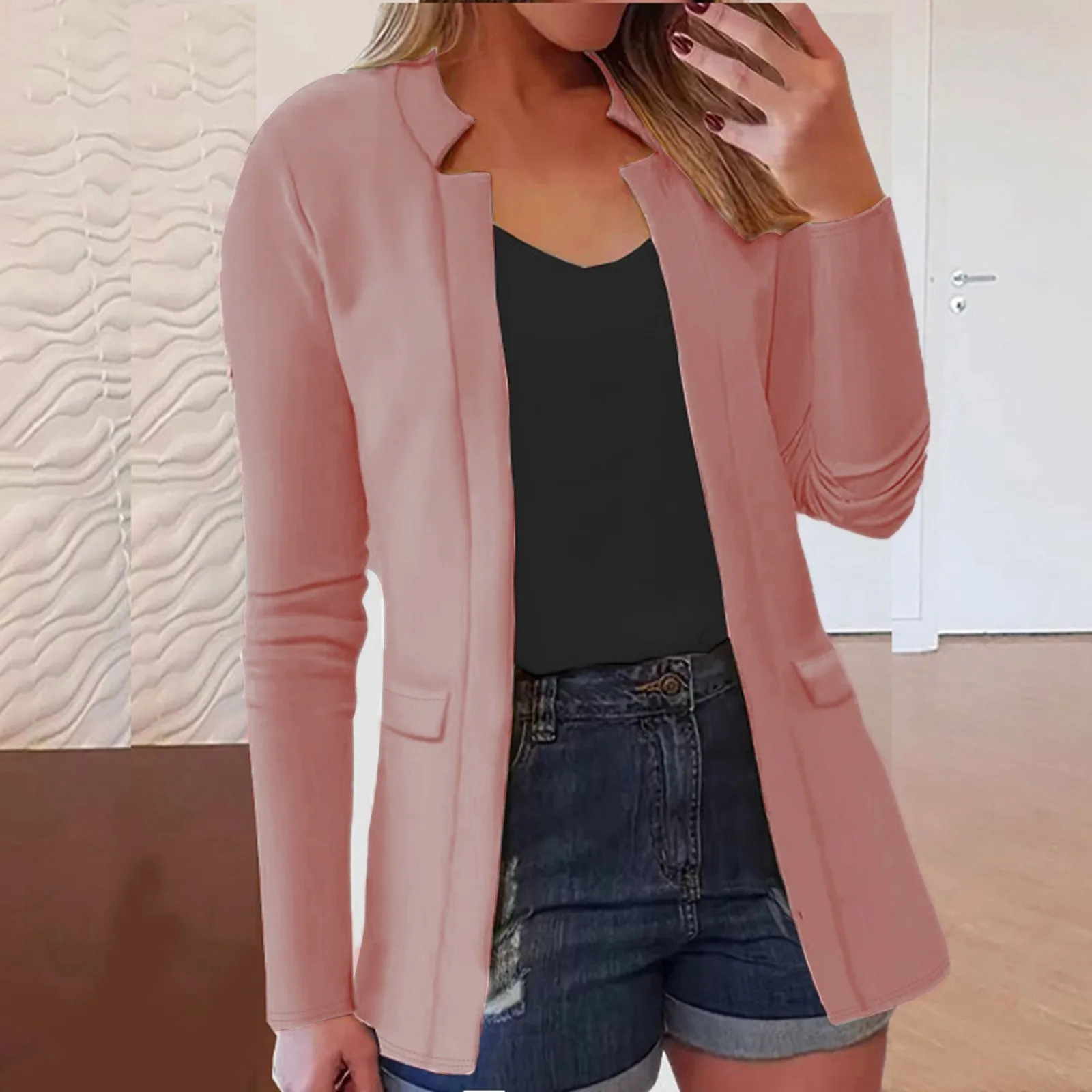 Women's Fashion Small Suit Casual Career Pocket Cardigan Coat Solid Elegant Spring Trendy Slim Business Office Casual Women Coat