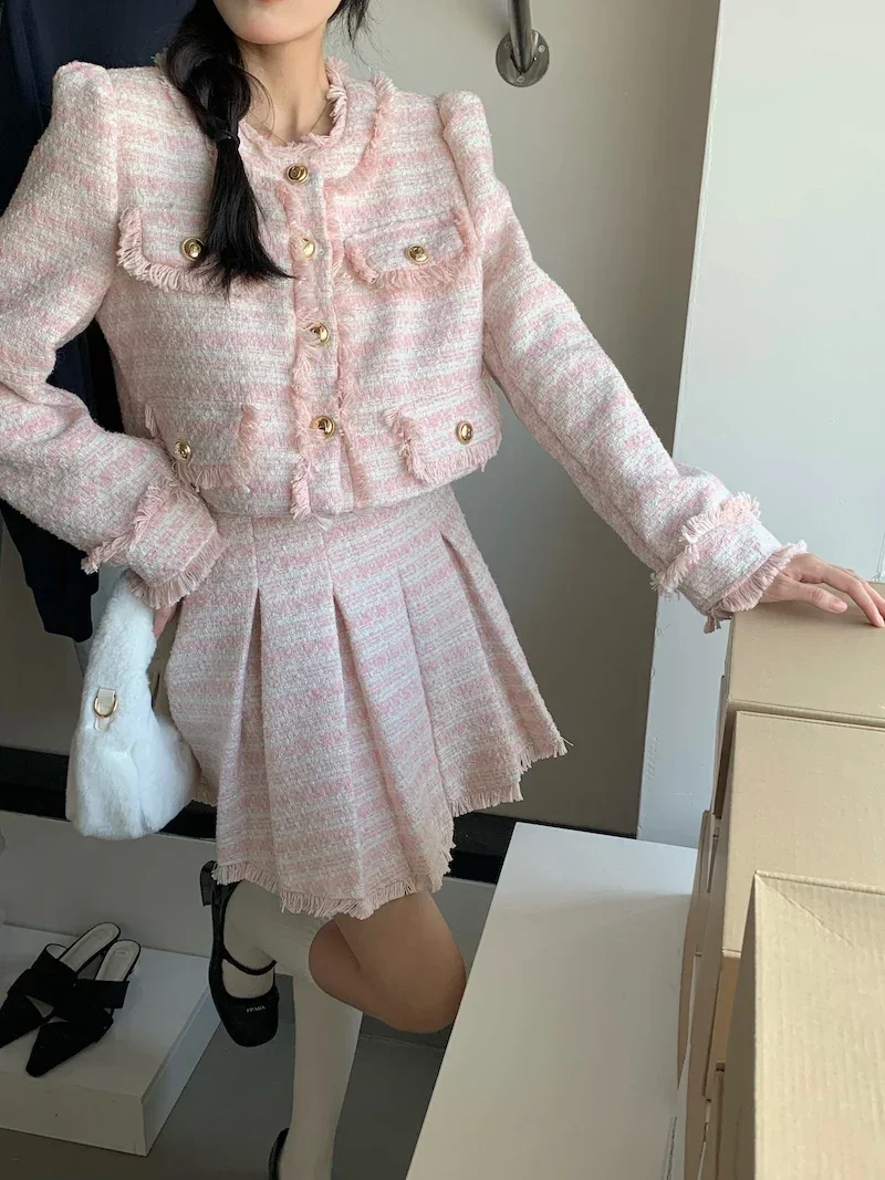 Elegant Small Fragrant Tweed Coat for Women O Neck Long Sleeve Vintage Short Jackets Autumn Spring 2024 New Sweet Pink Tops