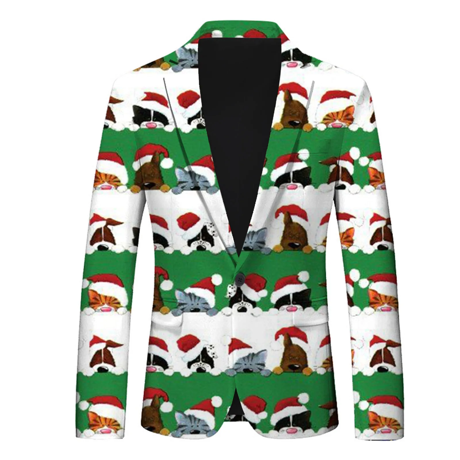 Christmas Cute Animal Printed Pockets Suit Jacket Turn Down Collar Button Up Slim Fit Suit Coat Holiday Party Formal Blazer Men