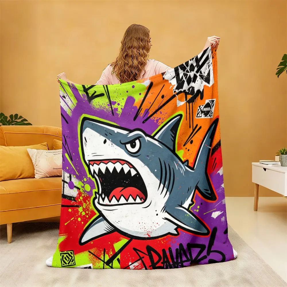 Vivid Shark Attack Pop Art Throw Blanket Cool Graphic Design Couch Decor Gift for Man Woman 150x200cm