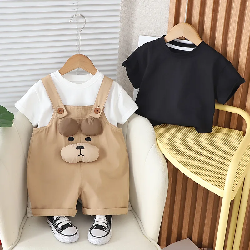Kids Summer Sets 2024 Baby Boy Clothes 9 To 12 Months Solid Color Short Sleeve T-shirts and Cartoon Overalls Children\'s Clothing