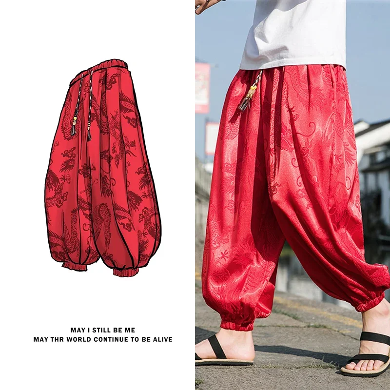 Hot sales Pants Men 2024 New Ice Silk Dragon Dark Flower Bloomers Loose Fashion Wide Leg Casual High Quality Male Trousers Brand