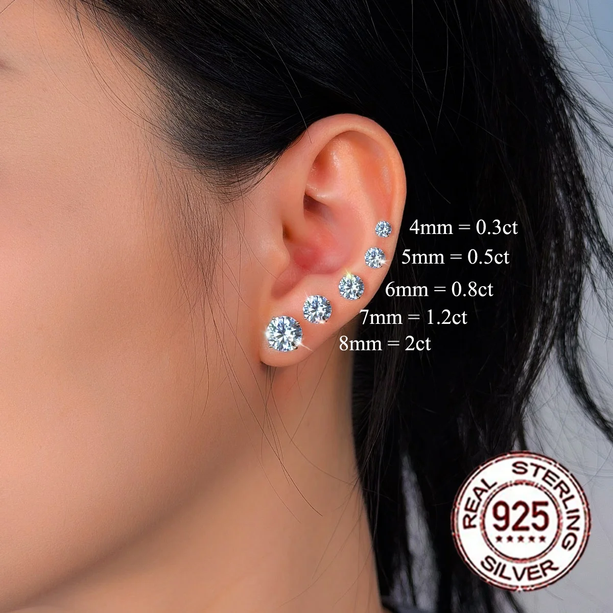 CWWZircons Vergoldete 925 Sterling Silber D-Farbe VVS1 Runde Moissanit Ohrstecker 3-8MM Hypoallergener Schmuck Party ME011 – Detail 10