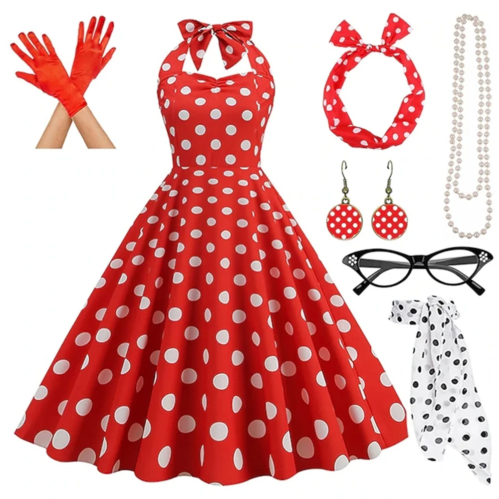 Imagem -05 - Vestido Rockabilly Feminino com Conjunto de Acessórios Bolinhas Flare Brincos Colar Bandana Óculos Luvas