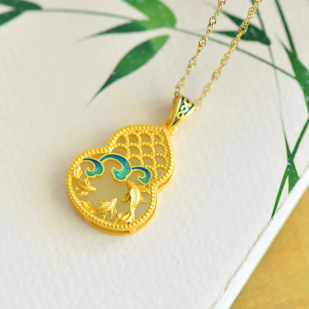 

GL Chinese-style Hanfu Jade Pendant Imperial Ancient Style Silver Gold-Plated Cool Enamel Cloisonné Gourd Hetian Jade Necklace
