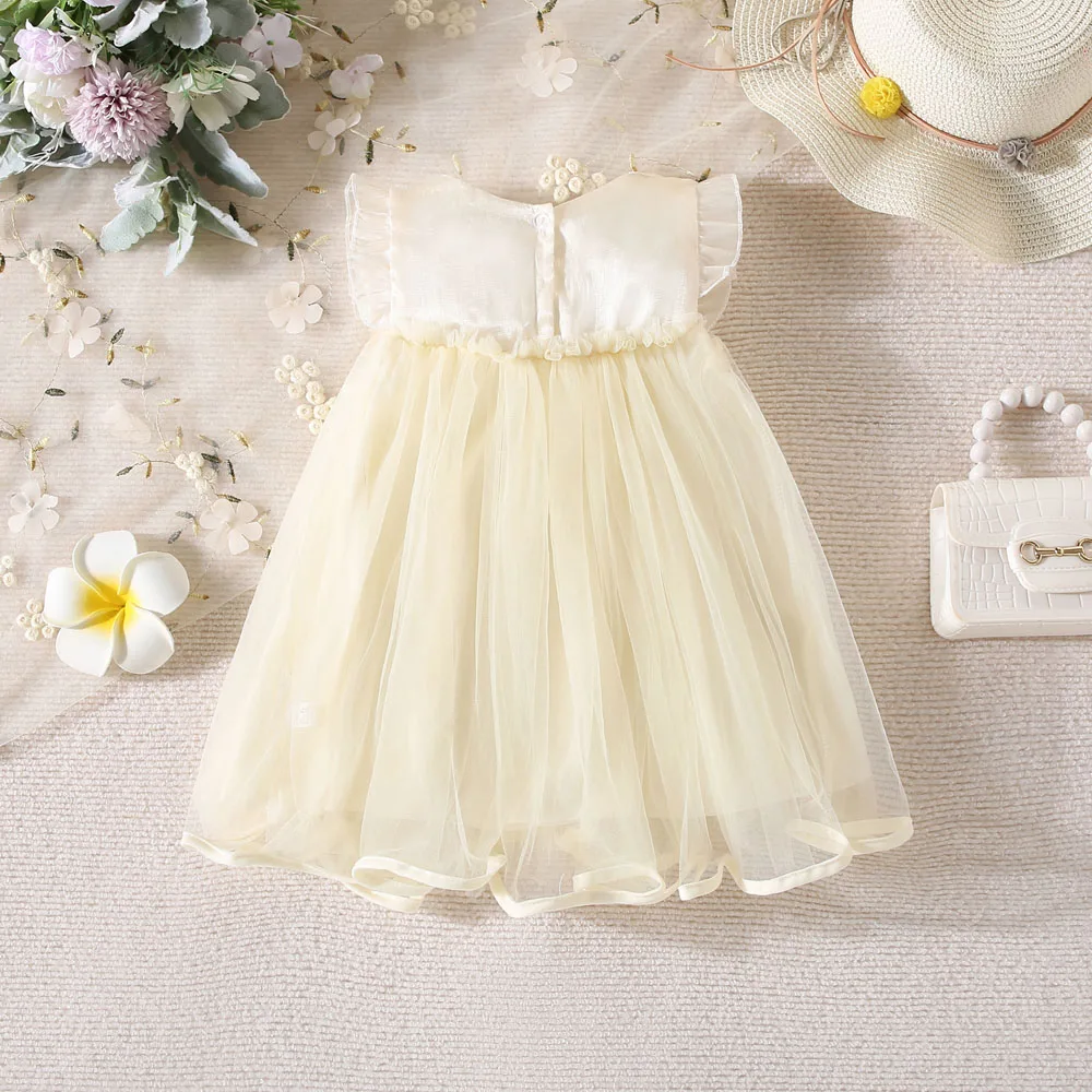 0-3-year-old children\'s dress summer baby girl patchwork mesh three-dimensional bow small flying sleeve princess dress