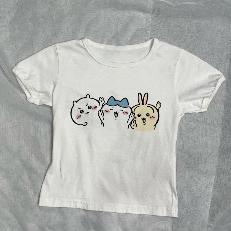 2000s خمر المرأة المحاصيل الأعلى فاسق الشارع الشهير ضئيلة الجمالية Chiikawa طباعة الجرونج Y2k الملابس القوطي ايمو الطفل المحملة النساء بلايز 90s