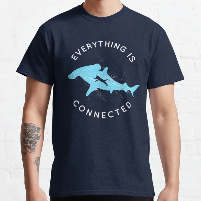 

Everything is Connected Shirt Cat Shark Retro sea ocean animal Short-sleeve crewneck T-shirt for men large size Adult Tops S-6xl
