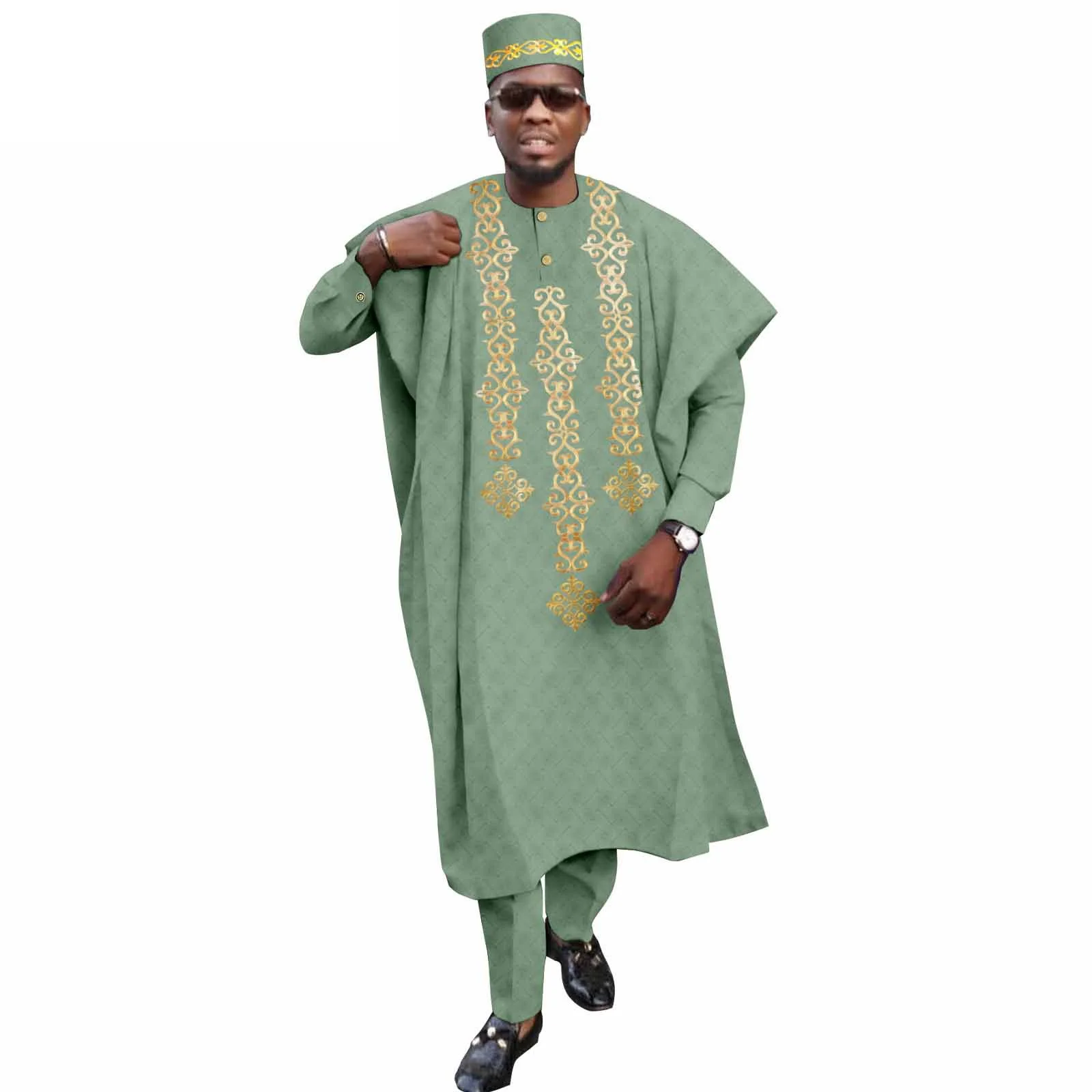 African Clothes for Men Tradition Wedding Party Clothing Bazin Robe Embroidery Ankara Pants Hats 4 Pcs Set Dashiki Nigeria