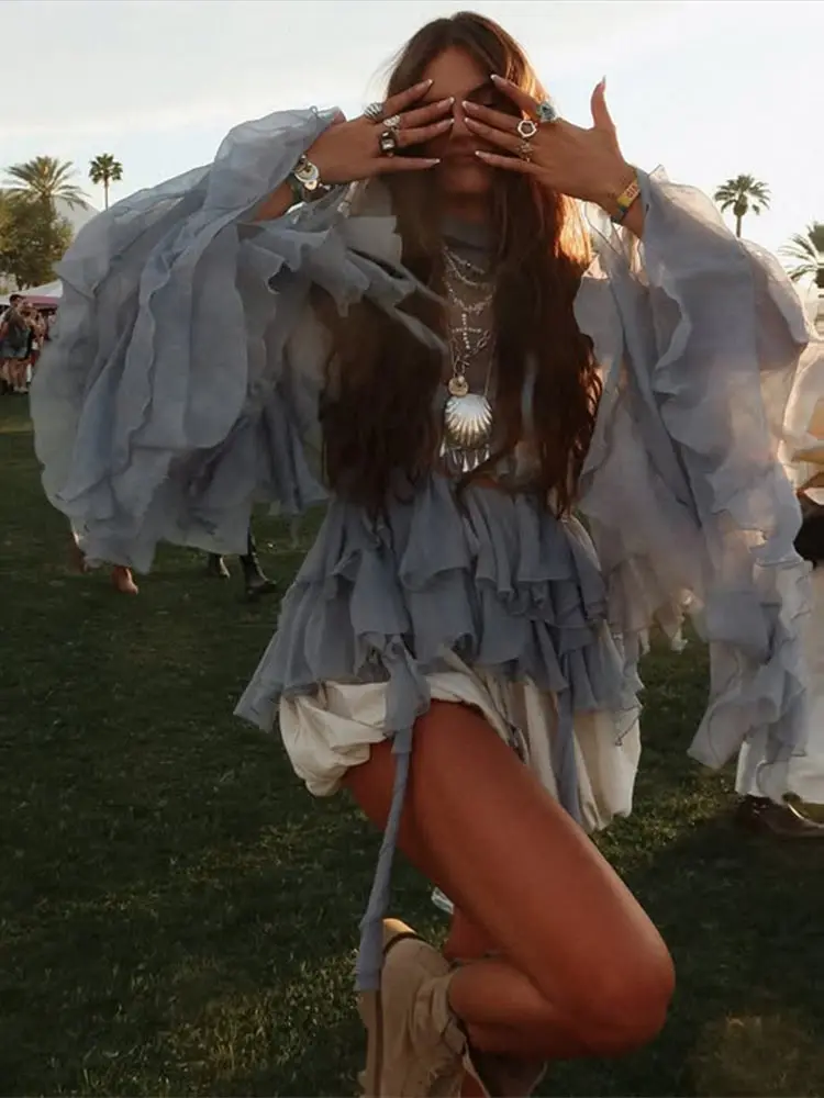 أطقم تنورة طويلة مثيرة مكشكشة للسيدات شفافة من خلال الياقة المدورة وأكمام مضيئة قطع علوية قصيرة بطيات على شكل حرف a تنانير صيف 2025 للسيدات