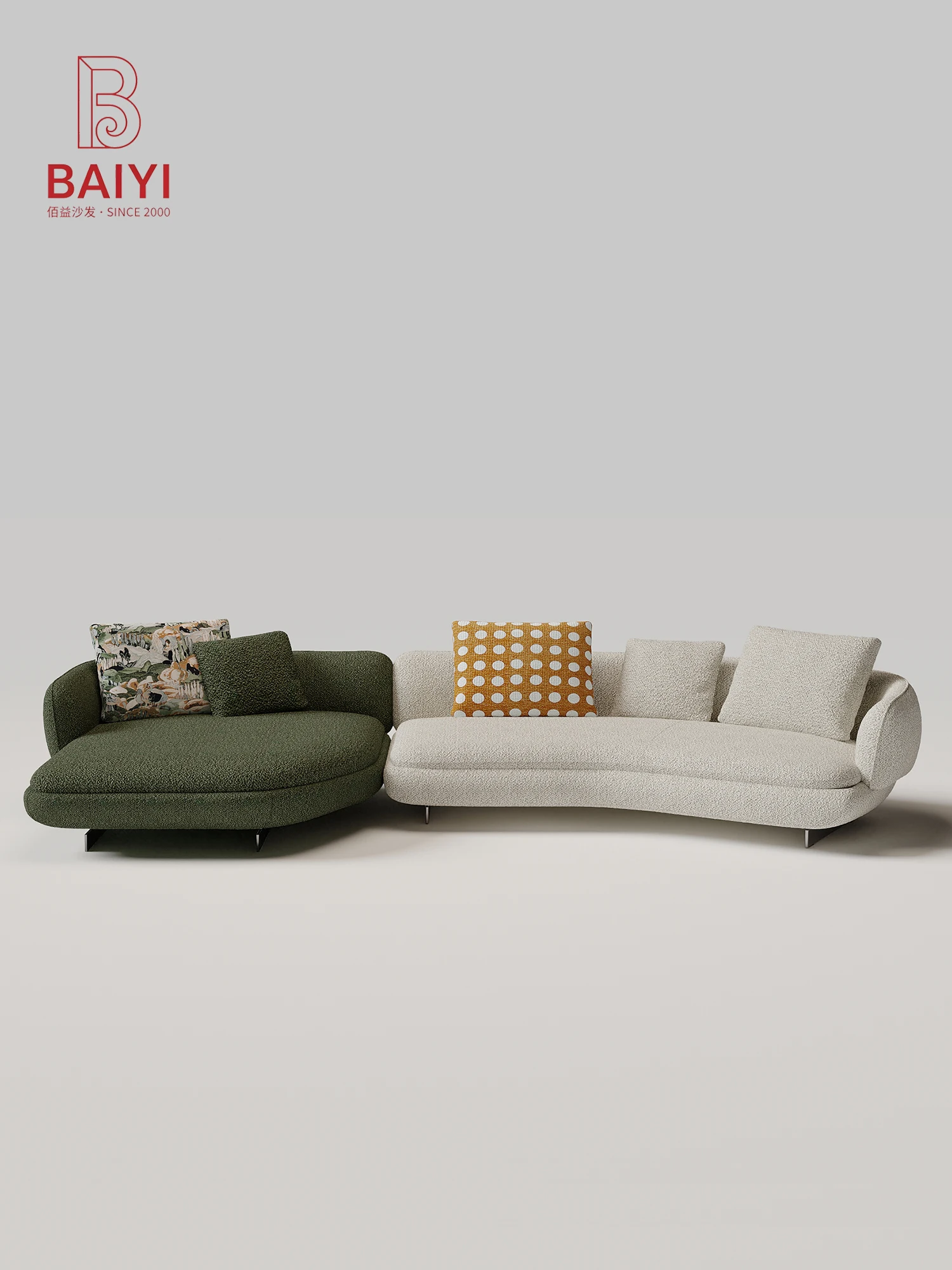 Two Tone Boucle Curved Modular Sofa Ivory And Olive Green 2 Piece Dialogue Design Metal Legs For Living Room Villa Bedroom