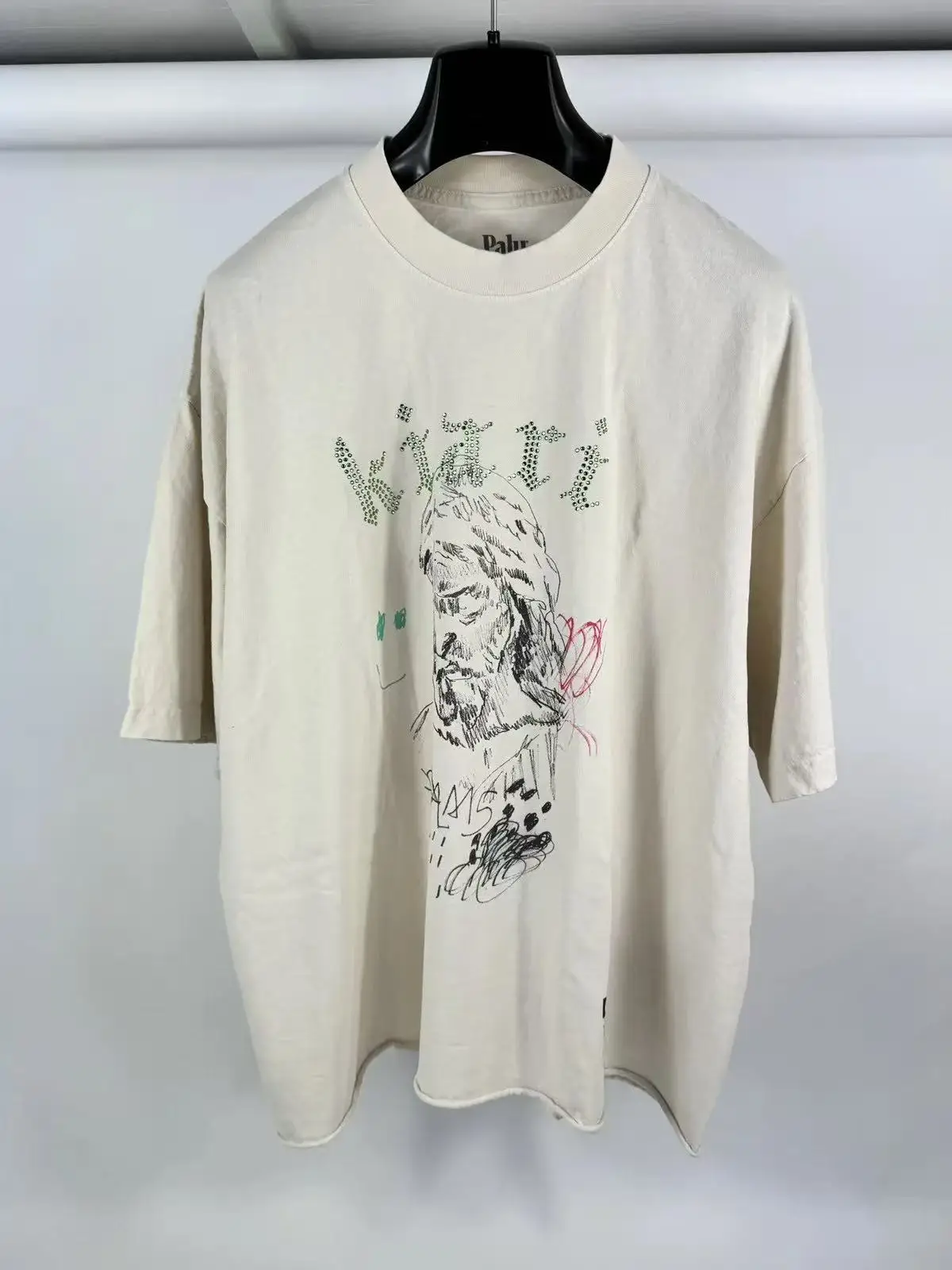 

Vintage PALY Rhinestone Portrait Smiley Face Graffiti Print Short Sleeved High Street Versatile Round Neck Pure Cotton T-shirt