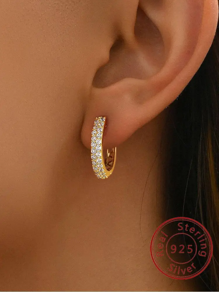 925 Sterling Silver Fashion Double Row Drill Round Plain Earring For Women Engagement Wedding Luxury High Quality Fine Jewelry