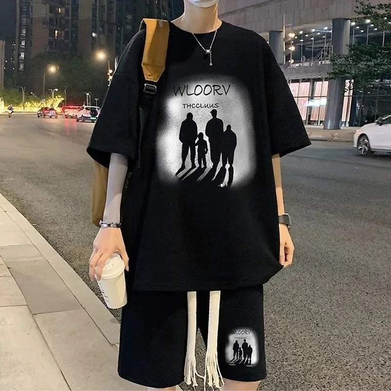 

2025 New Sports Suit Men's American Trendy Couple Short-sleeved T-shirt Round Neck Printed Half-sleeved Casual Two-piece Set
