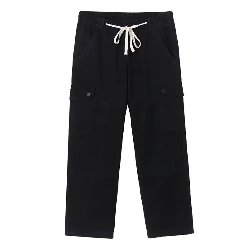 TRSYPHXM 2025 nuevos pantalones de trabajo informales para hombre, pantalones holgados retro americanos con múltiples bolsillos y cordón, pierna recta, pantalones de gran tamaño para hombre