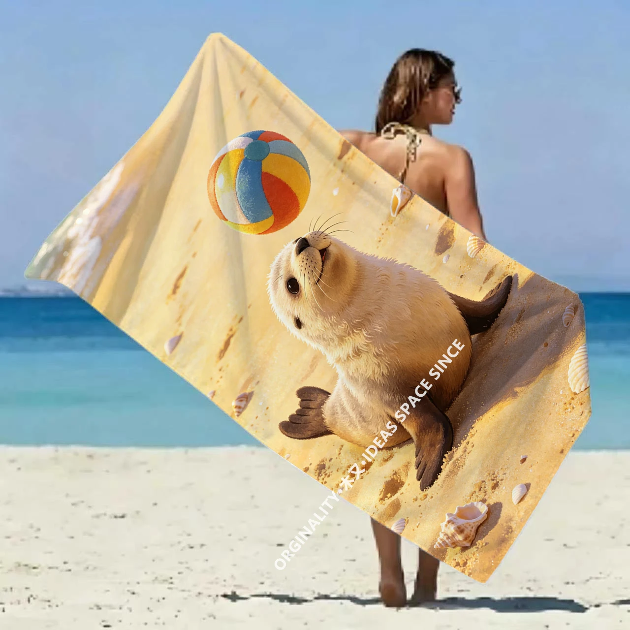 Cute Sea Lion Play Beach Towel Patterned Sunscreen And Windproof Suitable For Swimming Pool Camping Travel